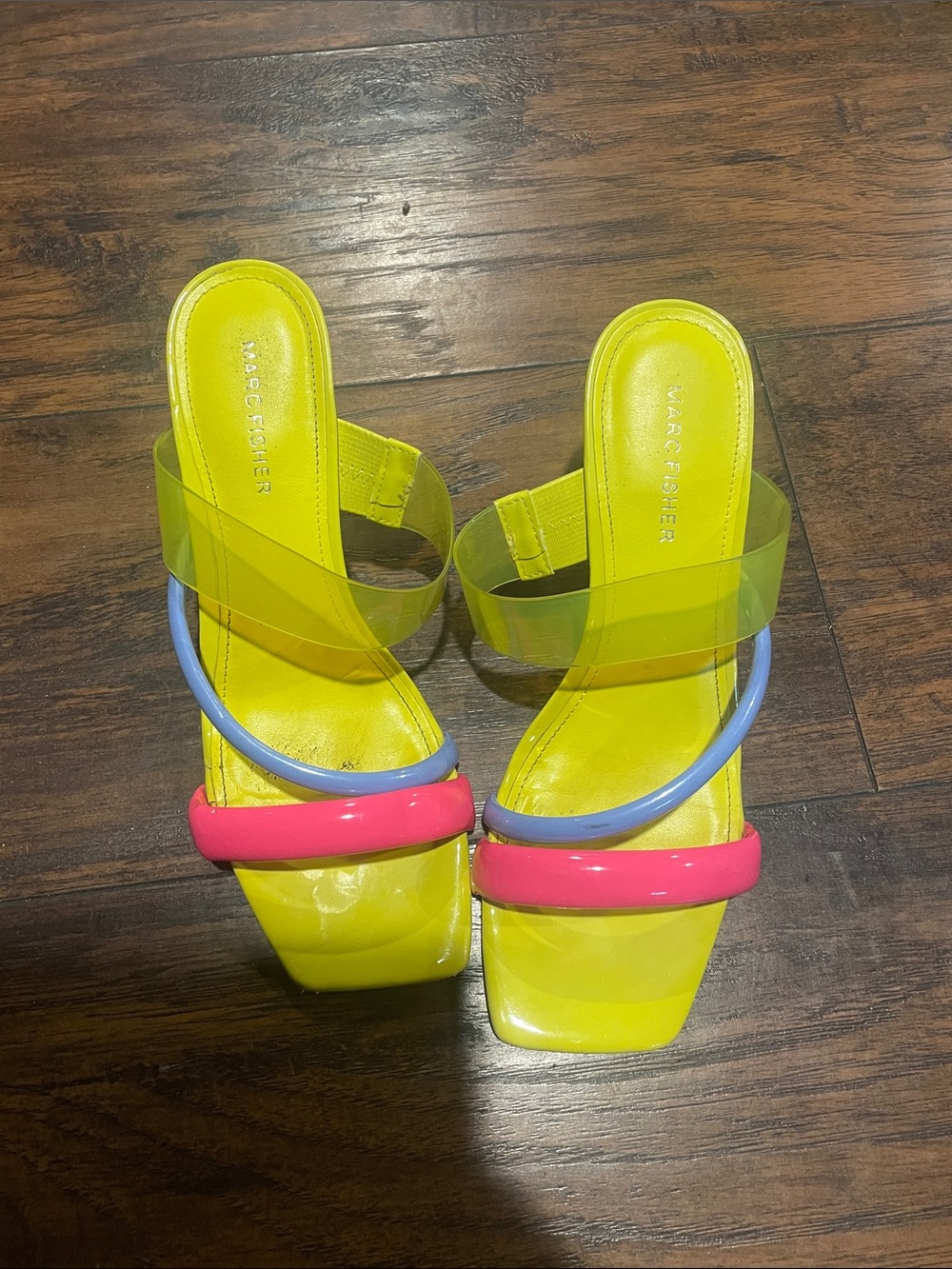 Marc Fisher Neon Yellow Clear-Strap Mules with Pink & Lavender Accents